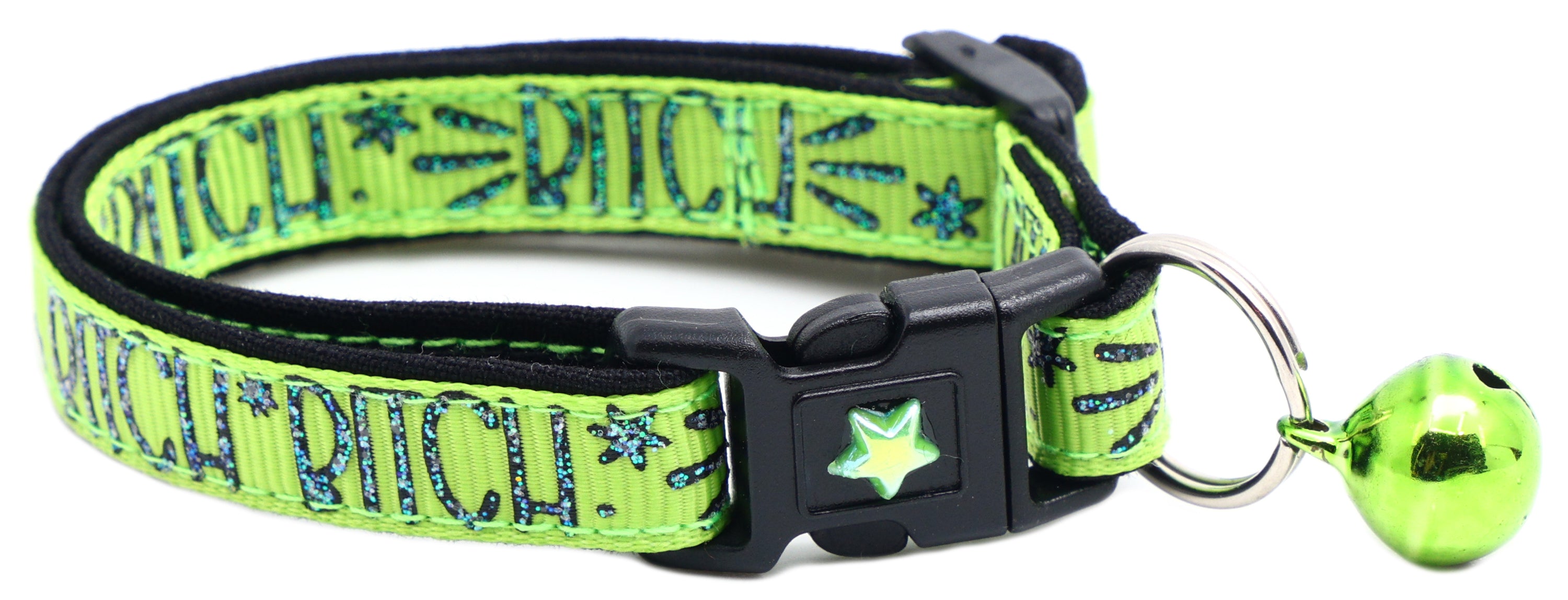 Bitch 2 Breakaway Cat Collar in reinforced cotton with breakaway clips and removable bell, available in various sizes.